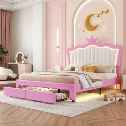Full Size Pink Upholstered Bed Frame with Crown Headboard
