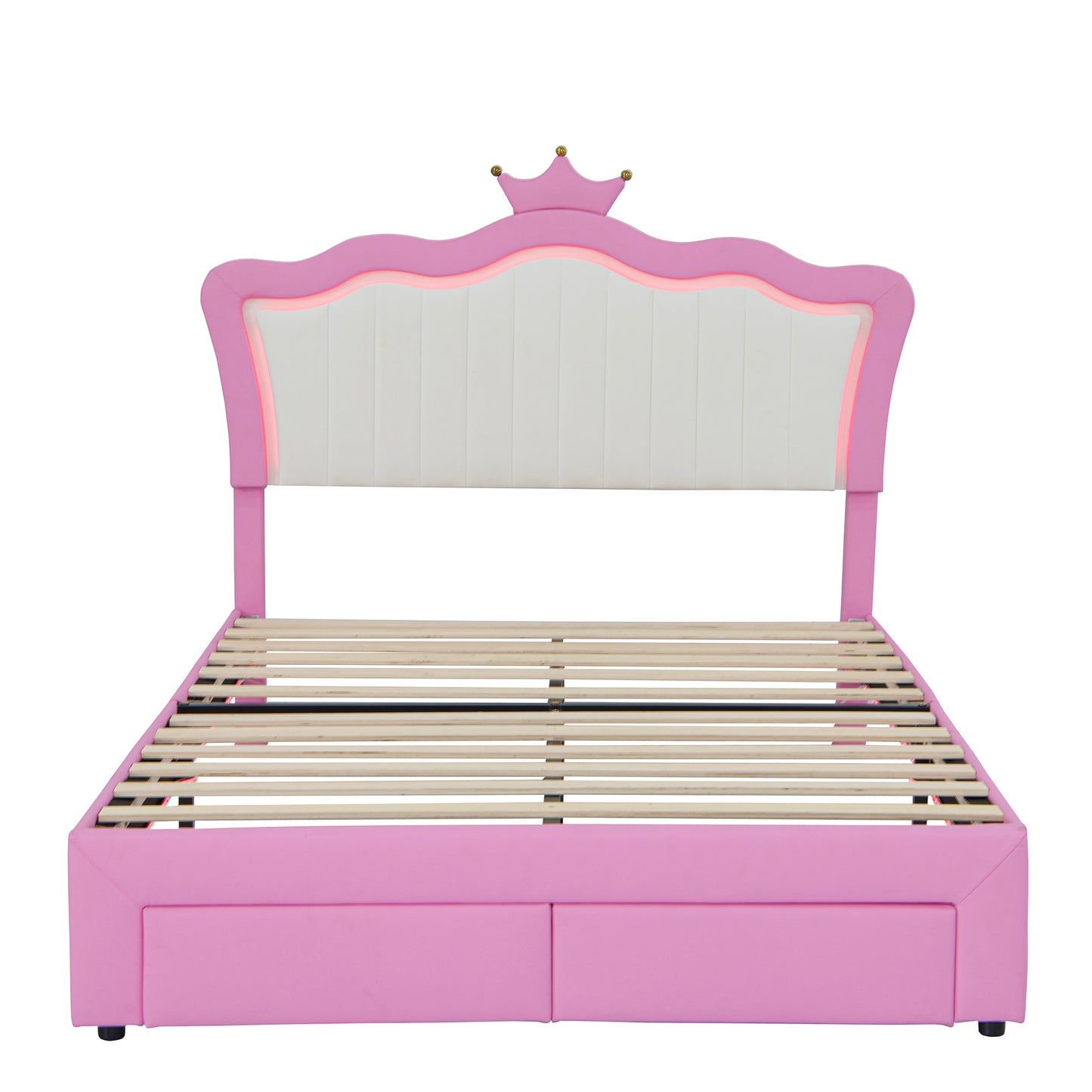 Full Size Pink Upholstered Bed Frame with Crown Headboard