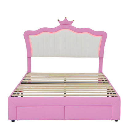 Full Size Pink Upholstered Bed Frame with Crown Headboard