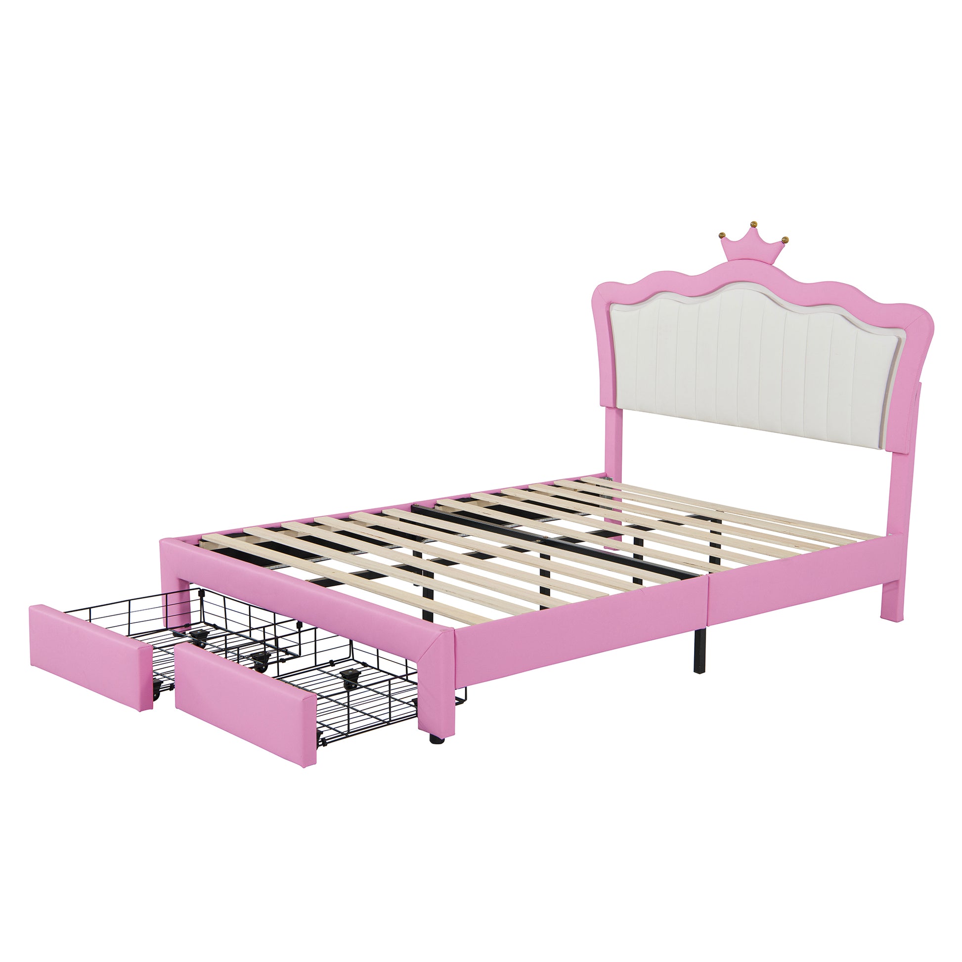 Full Size Pink Upholstered Bed Frame with Crown Headboard