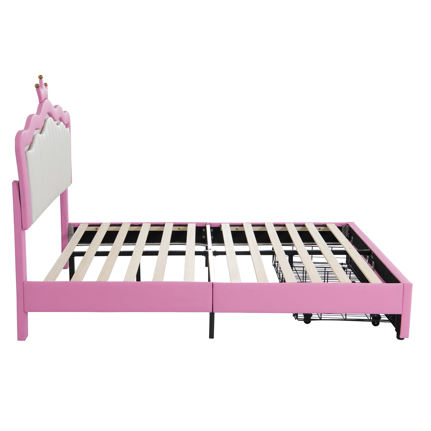 Full Size Pink Upholstered Bed Frame with Crown Headboard