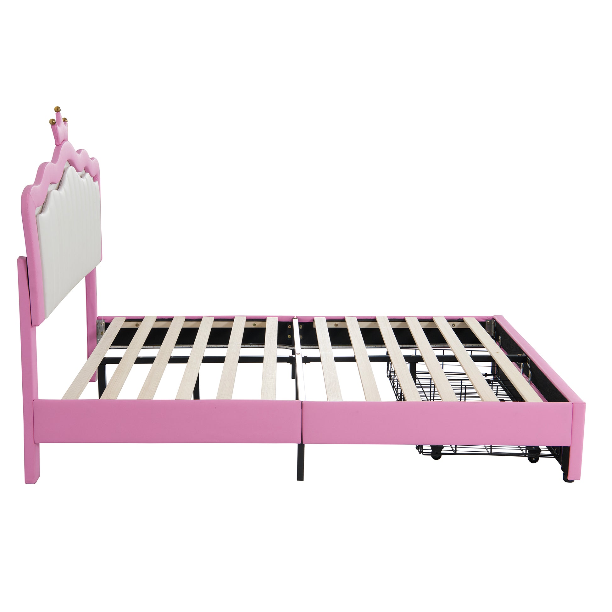 Full Size Pink Upholstered Bed Frame with Crown Headboard
