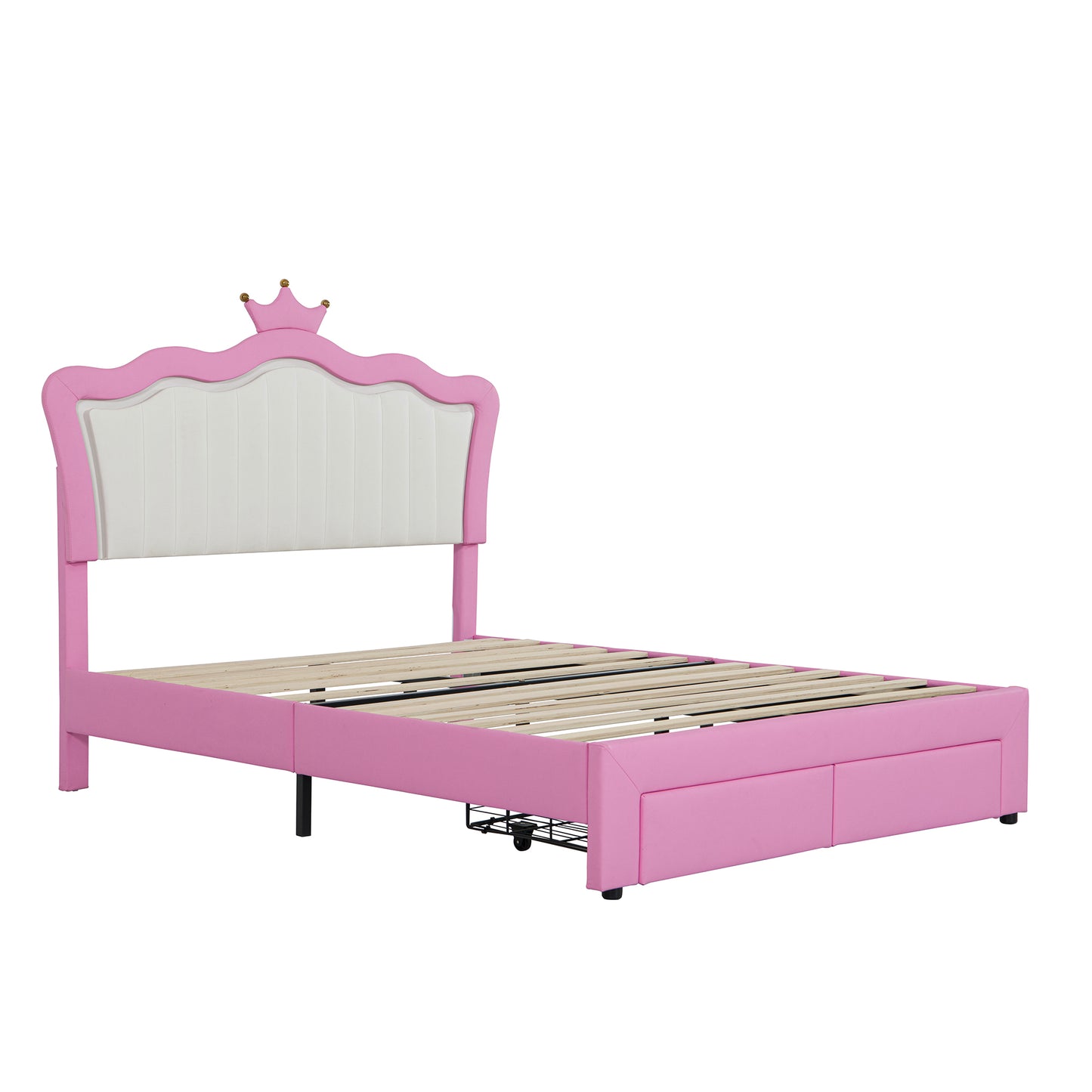 Full Size Pink Upholstered Bed Frame with Crown Headboard