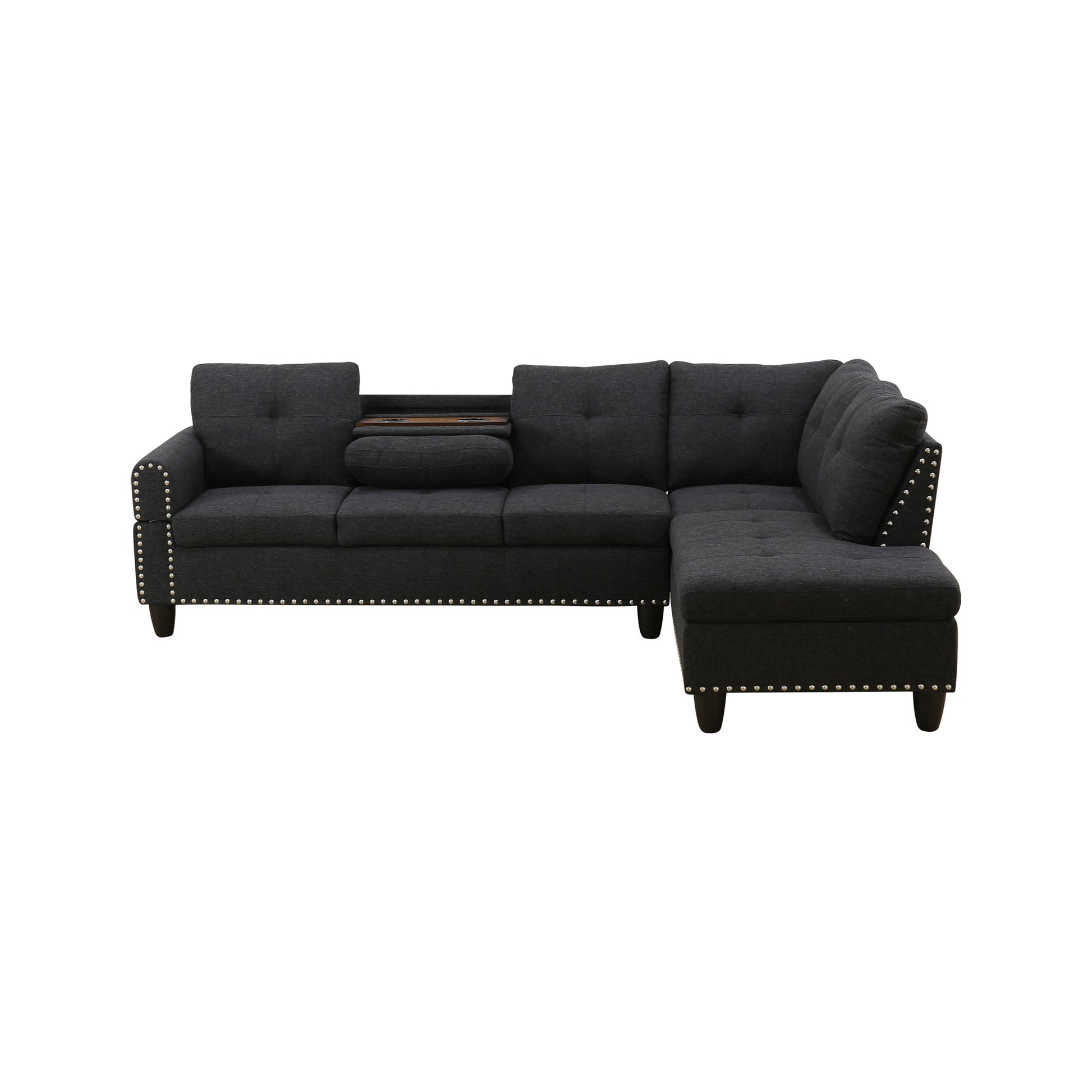 Five Seat L-Shaped Sectional Sofa - Black Foam Wood for Living Room