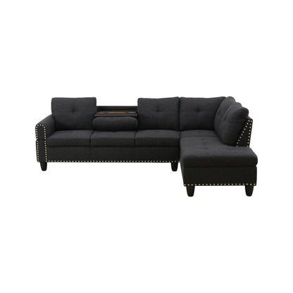 Five Seat L-Shaped Sectional Sofa - Black Foam Wood for Living Room