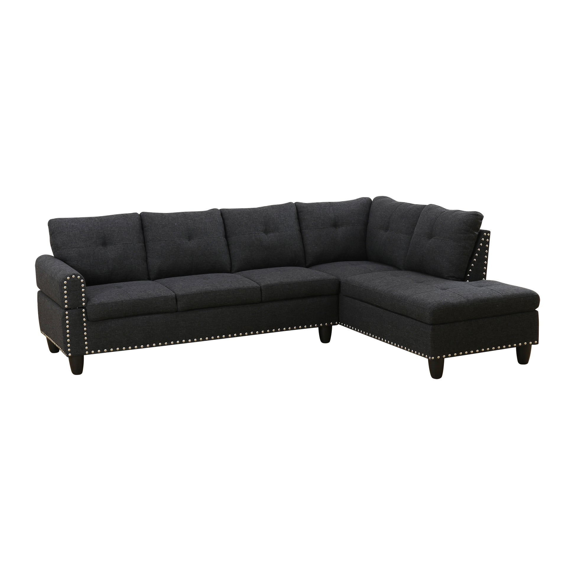 Five Seat L-Shaped Sectional Sofa - Black Foam Wood for Living Room
