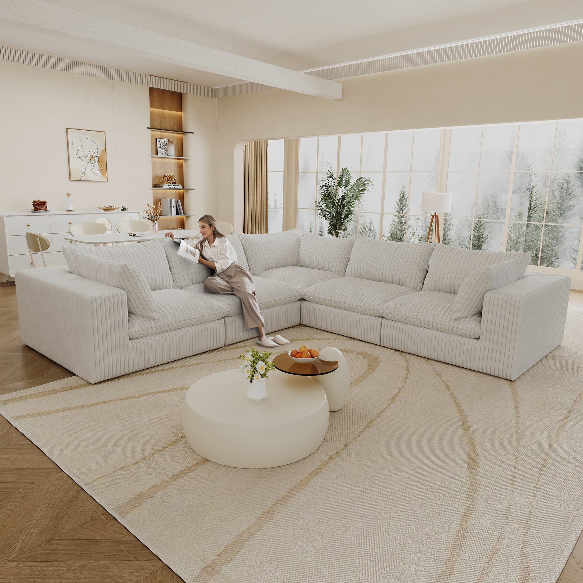 118.2" Cloud Sofa,Corduroy Fabric,Deep Seat Couches,Double-layer design,Removable Cushion,No Assembly, DIY Combination for Living room, Bedroom,Conference room ,Apartment,WHITE