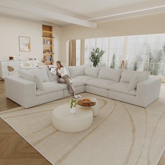 118.2" Cloud Sofa,Corduroy Fabric,Deep Seat Couches,Double-layer design,Removable Cushion,No Assembly, DIY Combination for Living room, Bedroom,Conference room ,Apartment,WHITE