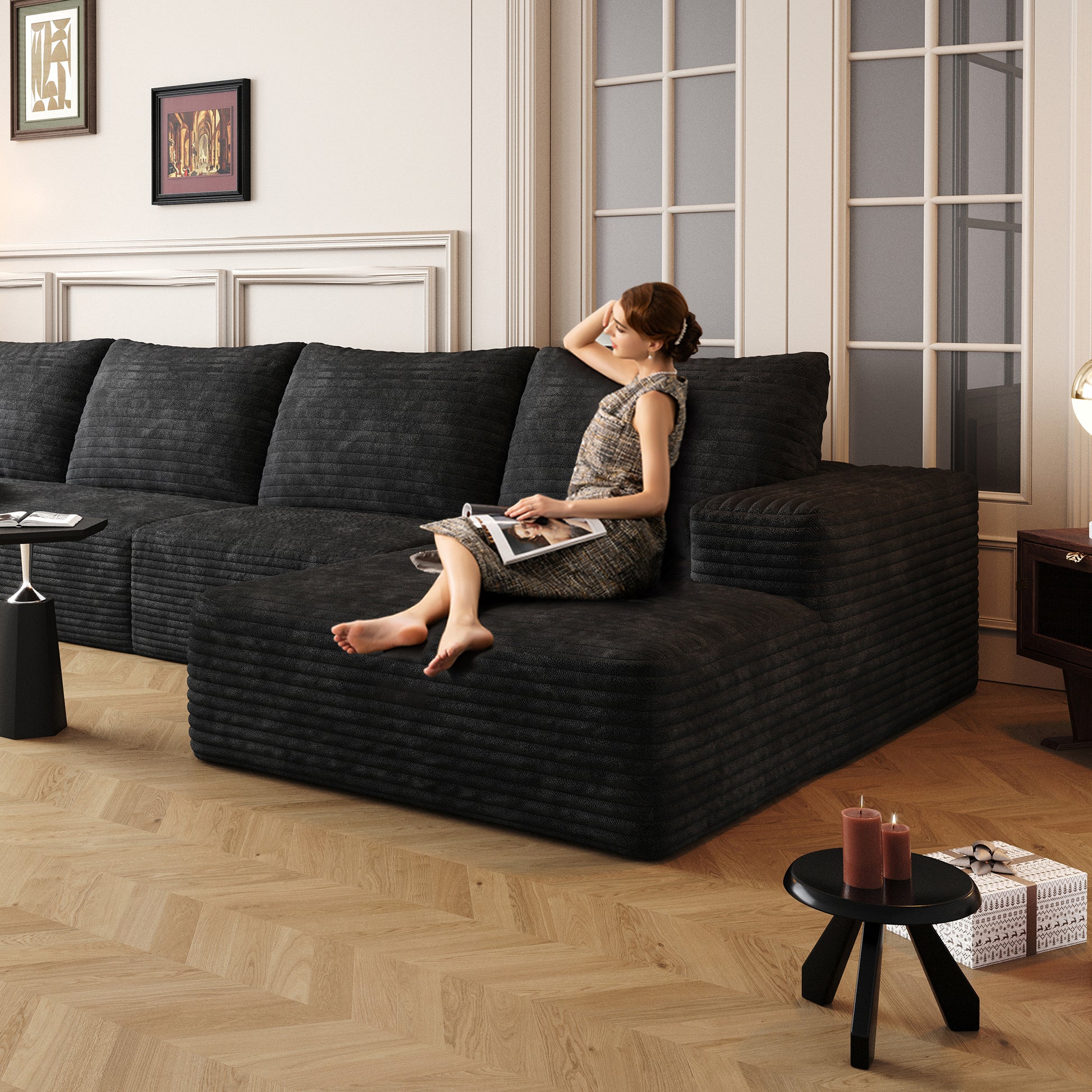 3 Seat Black Corduroy Sofa - Modern Sectional Couch