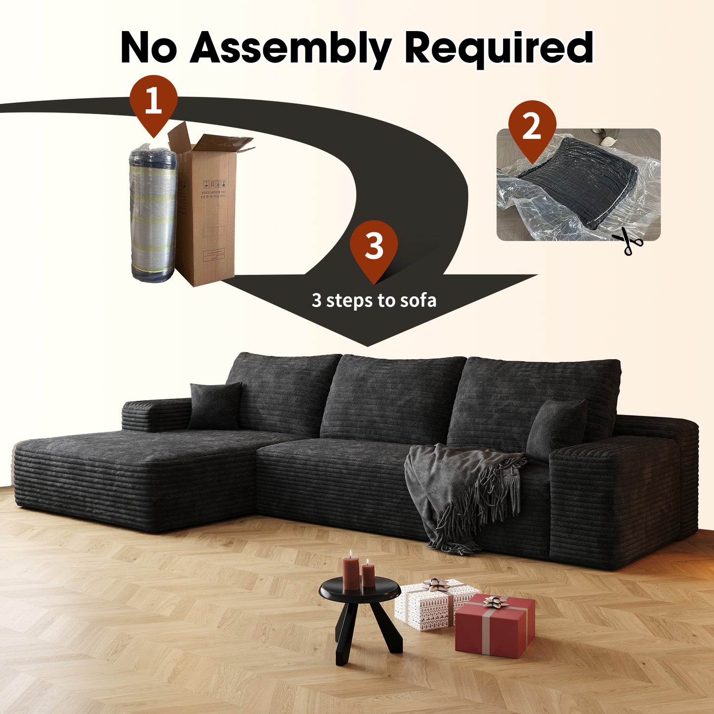 3 Seat Black Corduroy Sofa - Modern Sectional Couch