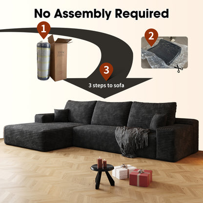 3 Seat Black Corduroy Sofa - Modern Sectional Couch