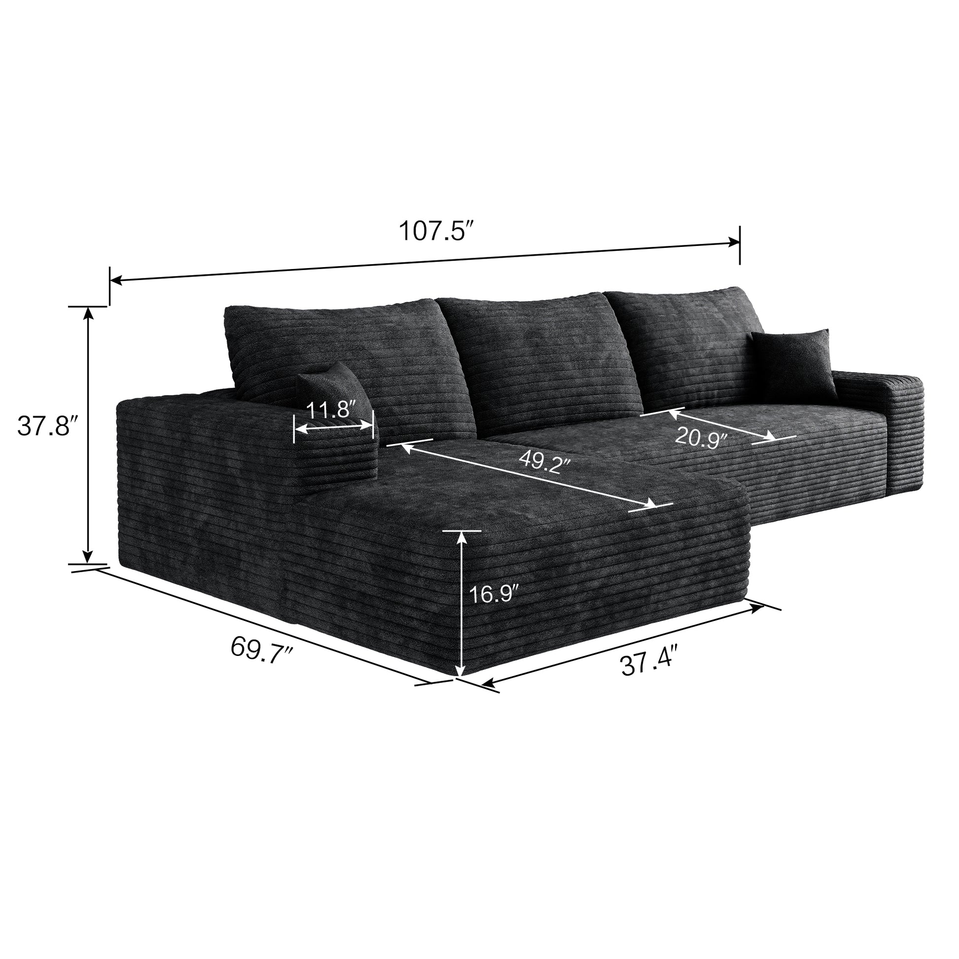 3 Seat Black Corduroy Sofa - Modern Sectional Couch