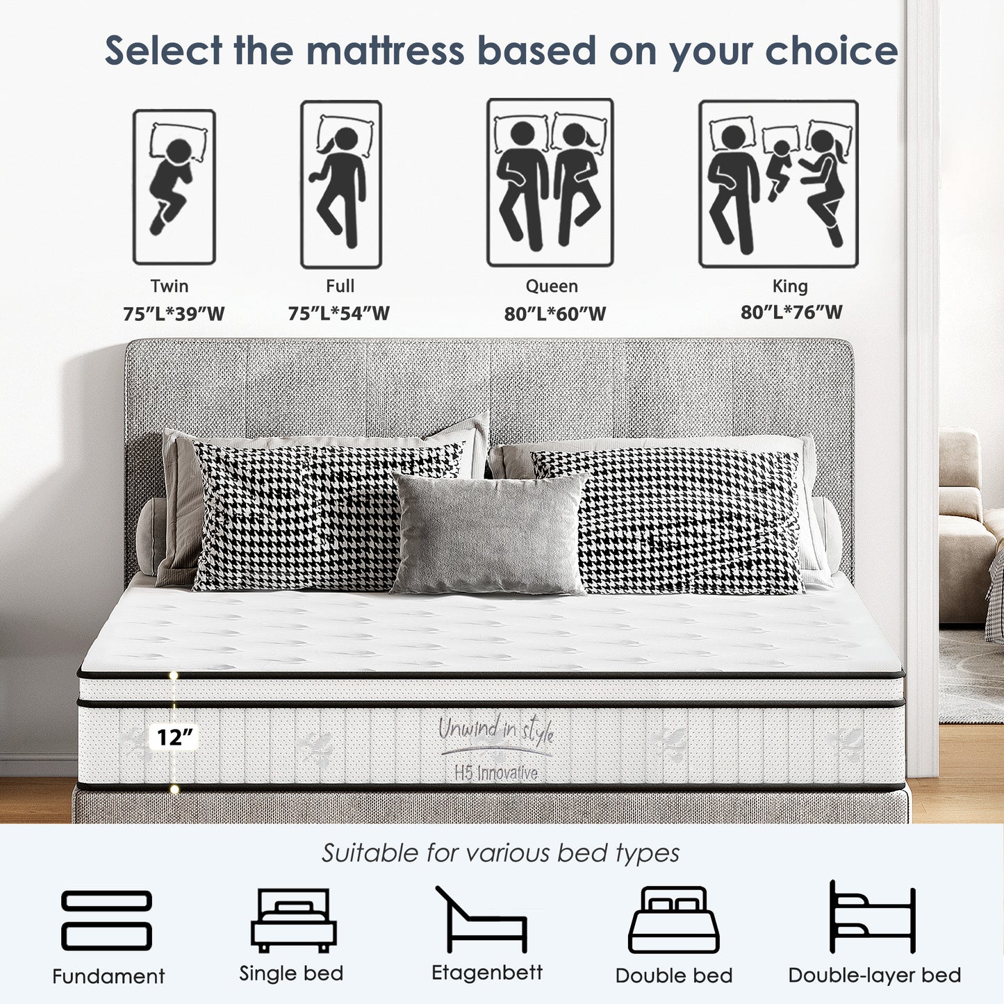 Queen Size Foam Spring Mattress - 12 Inch Hybrid for Bedroom
