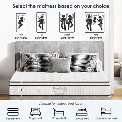 Queen Size Foam Spring Mattress - 12 Inch Hybrid for Bedroom
