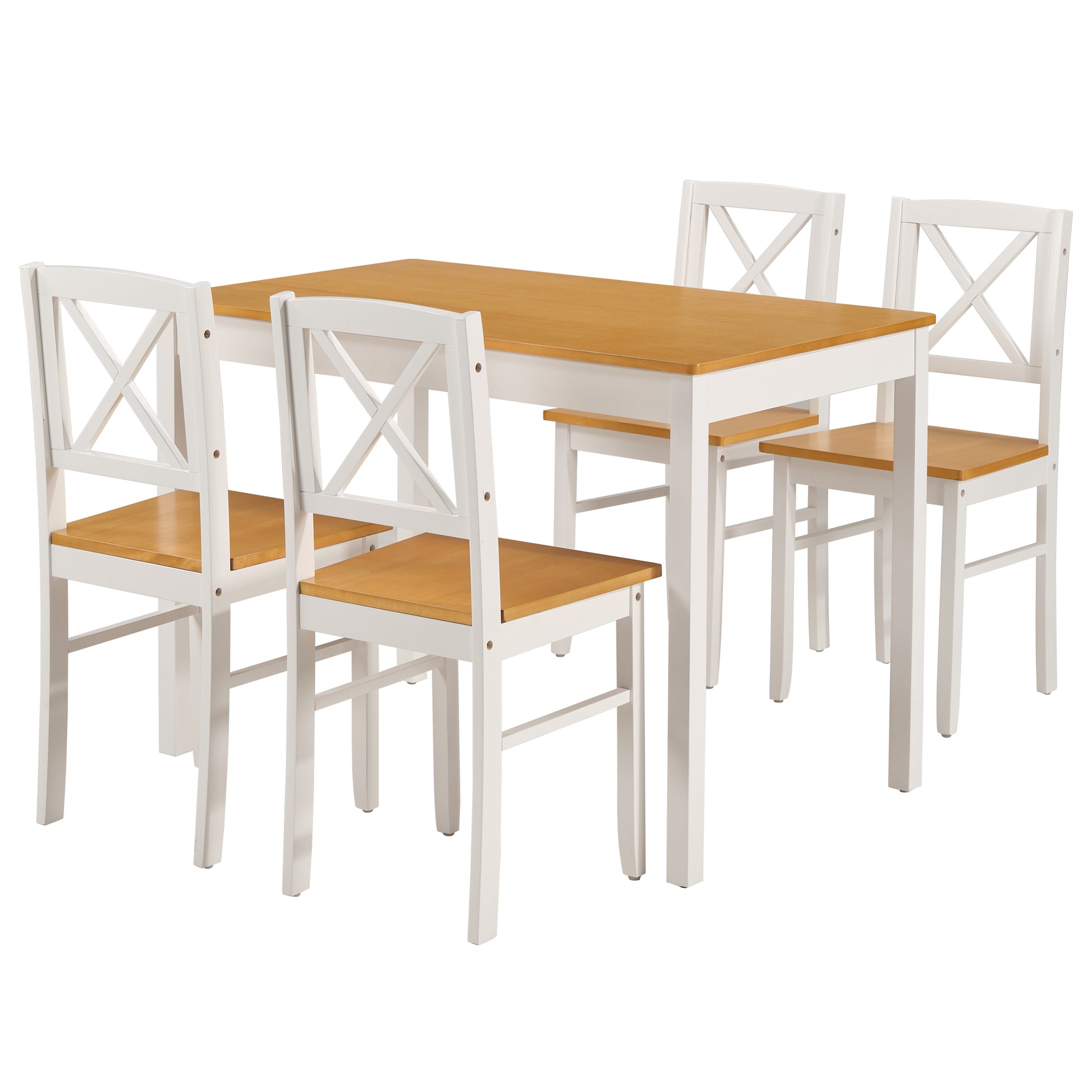 5-Piece Rubberwood Kitchen Dining Table Set with 4 Chairs, Natural White Space-Saving Table and Chair Set for Small Spaces, Apartment, Dining Room, Restaurant - Easy to Clean Smooth Solid Wood Surface