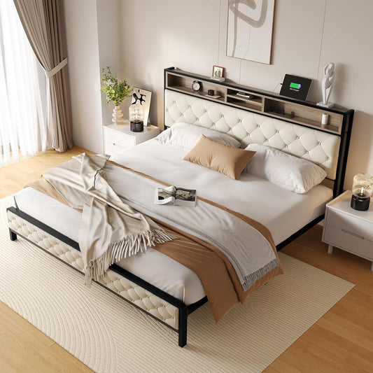 King Size Bed Frame, Platform Bed Frame with Charging Station, Upholstered Storage Headboard & Footboard Metal Slats Supports Mattress Foundation, No Box Spring Needed, Beige(No Drawers)