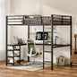 Full Size Loft Bed with Desk & Open Shelves, Heavy Duty Metal Bed Frame with Safety Guardrails & Ladder, Loft Beds with Vintage Wood Finish L-Shaped Desk, Black