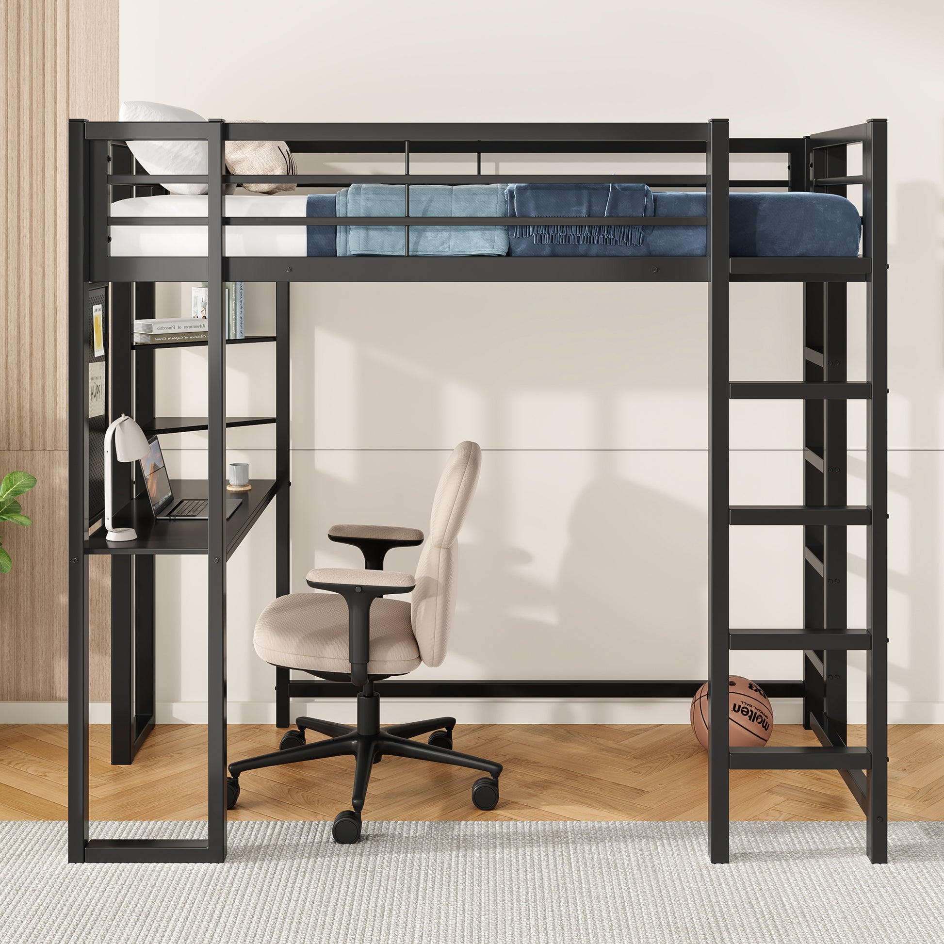 Twin Size Loft Bed with Desk - Black Iron Frame