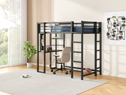 Twin Size Loft Bed with Desk - Black Iron Frame