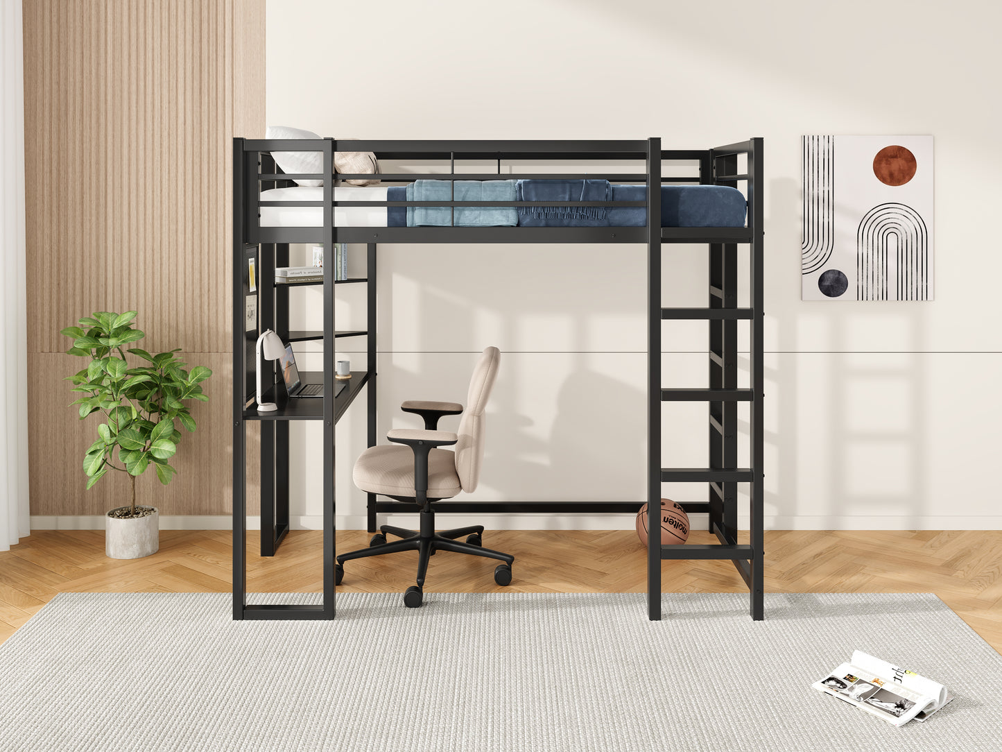 Twin Size Loft Bed with Desk - Black Iron Frame