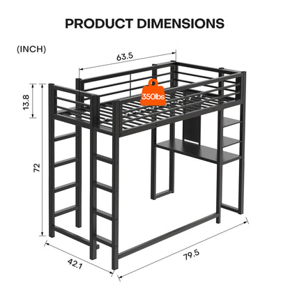 Twin Size Loft Bed with Desk - Black Iron Frame