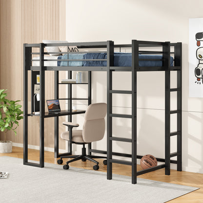 Loft Bed with Desk, Metal Loft Bed Twin Size, Loft Bed Frame with Desk and Storage Compatible with Boys Girls Teens, Black Bedroom Bed Frame