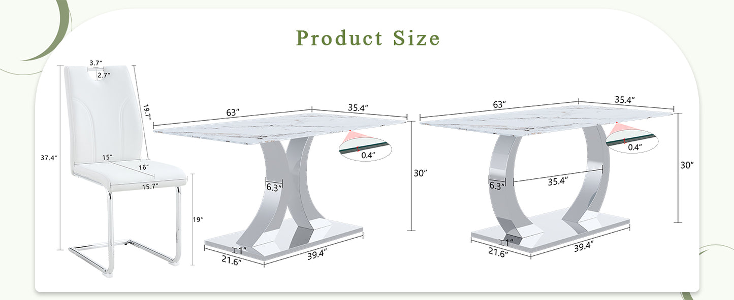 Dining Room 63 Inch White Tempered Glass Dining Table Set with Adjustable Stainless