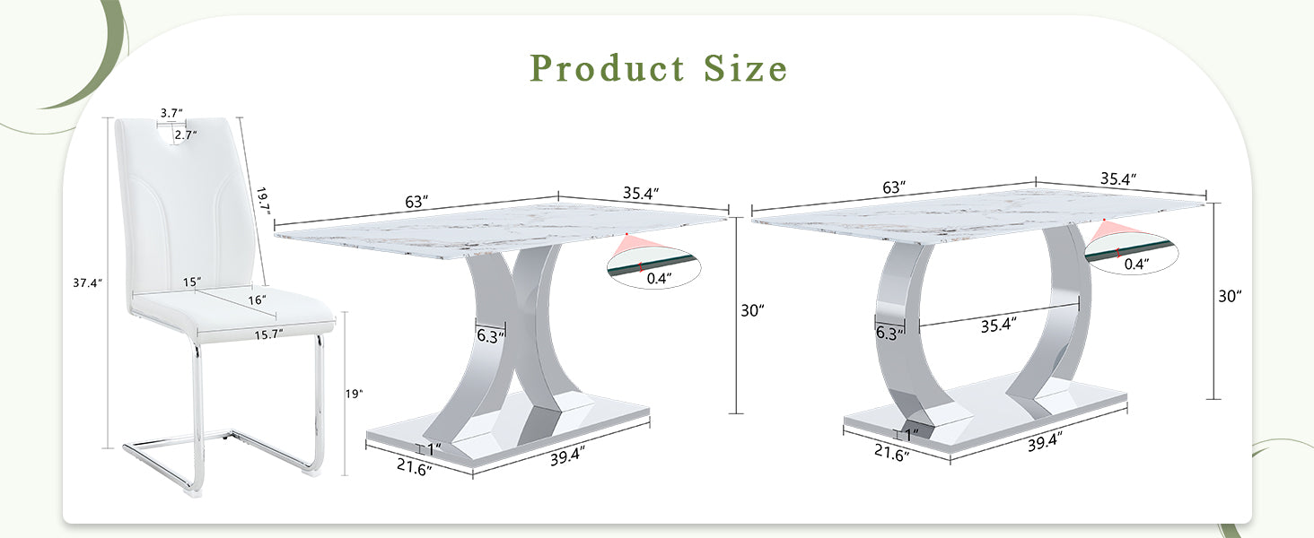 Dining Room 63 Inch White Tempered Glass Dining Table Set with Adjustable Stainless