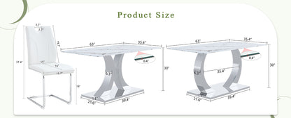 Dining Room 63 Inch White Tempered Glass Dining Table Set with Adjustable Stainless