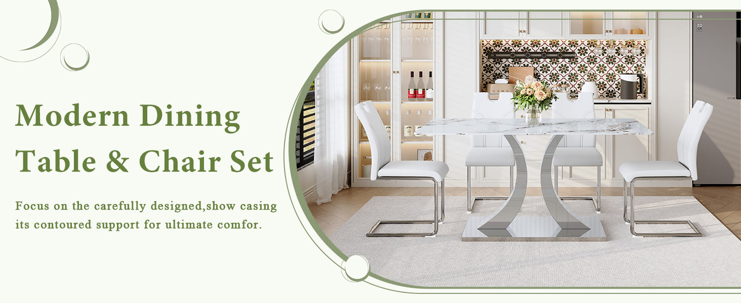 Dining Room 63 Inch White Tempered Glass Dining Table Set with Adjustable Stainless