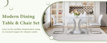 Dining Room 63 Inch White Tempered Glass Dining Table Set with Adjustable Stainless