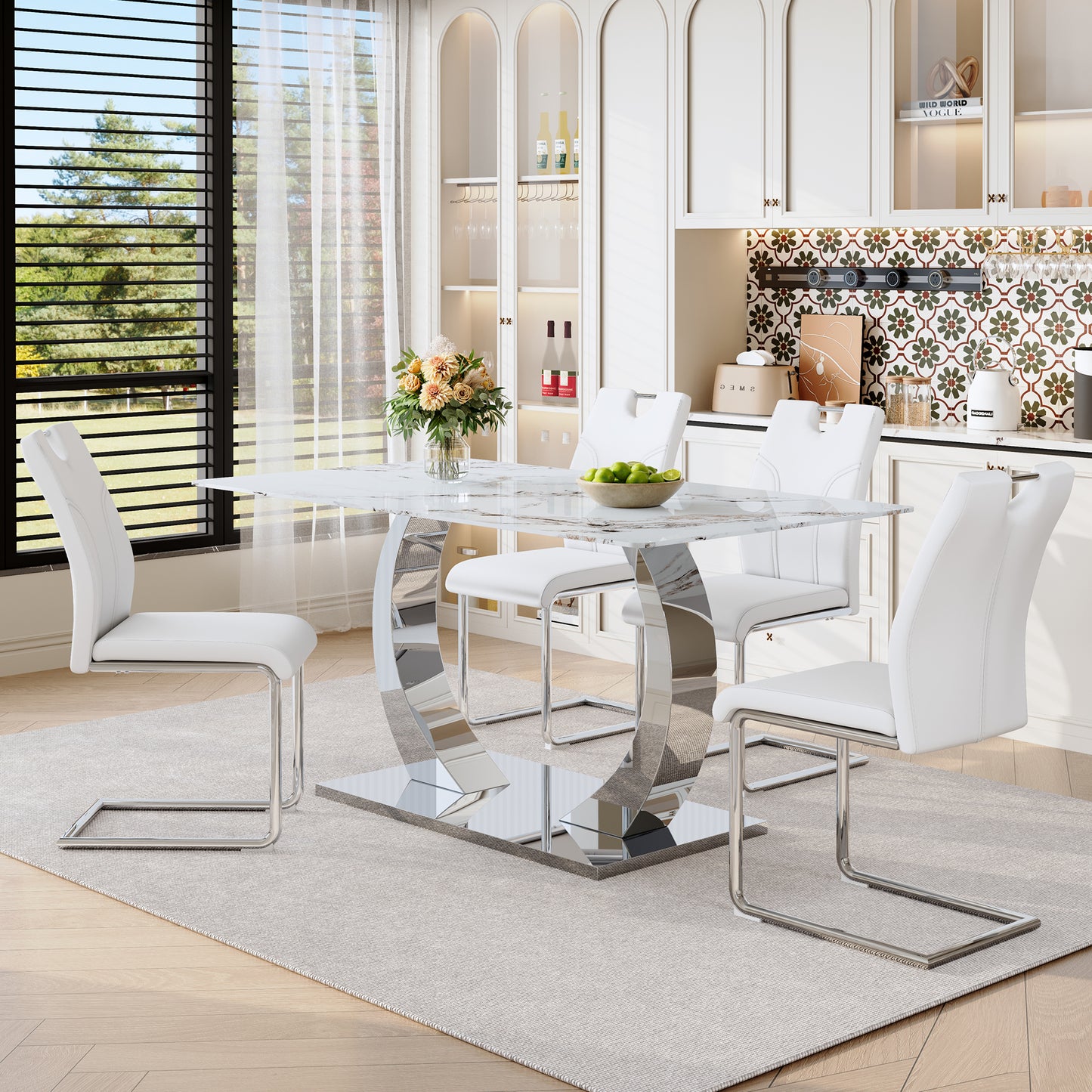 Luxury Modern 63-inch Dining Table Set with 4 Upholstered Chairs, White Tempered Glass Rock Top & Adjustable Stainless Steel Base, Convertible Table for Multiple Diners, Fashion Home Furniture
