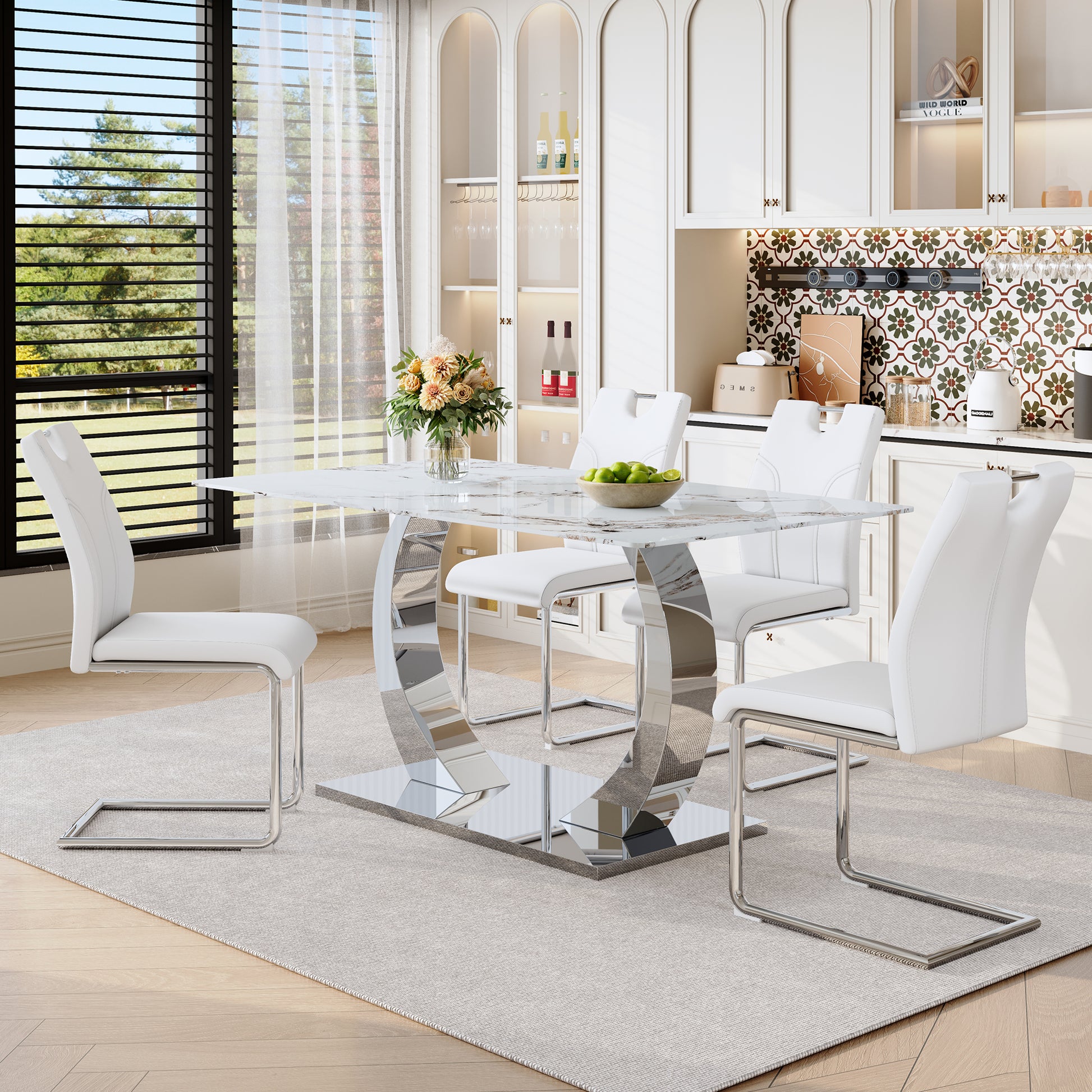 Luxury Modern 63-inch Dining Table Set with 4 Upholstered Chairs, White Tempered Glass Rock Top & Adjustable Stainless Steel Base, Convertible Table for Multiple Diners, Fashion Home Furniture