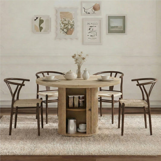 4-piece set of walnut color woven dining chairs, including a 47.2-inch round Roman column table with storage function, suitable for restaurants/wooden color