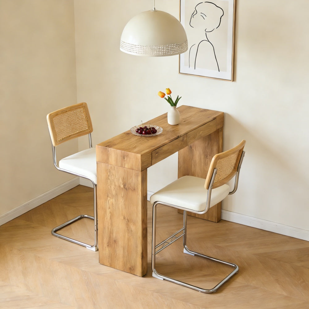 2-Seat White Bar Table with PU Leather Chair & Storage for Dining Room