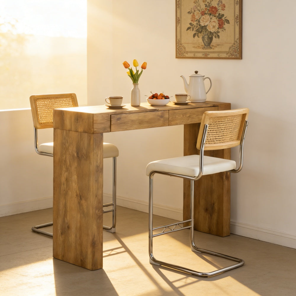 2-Seat White Bar Table with PU Leather Chair & Storage for Dining Room