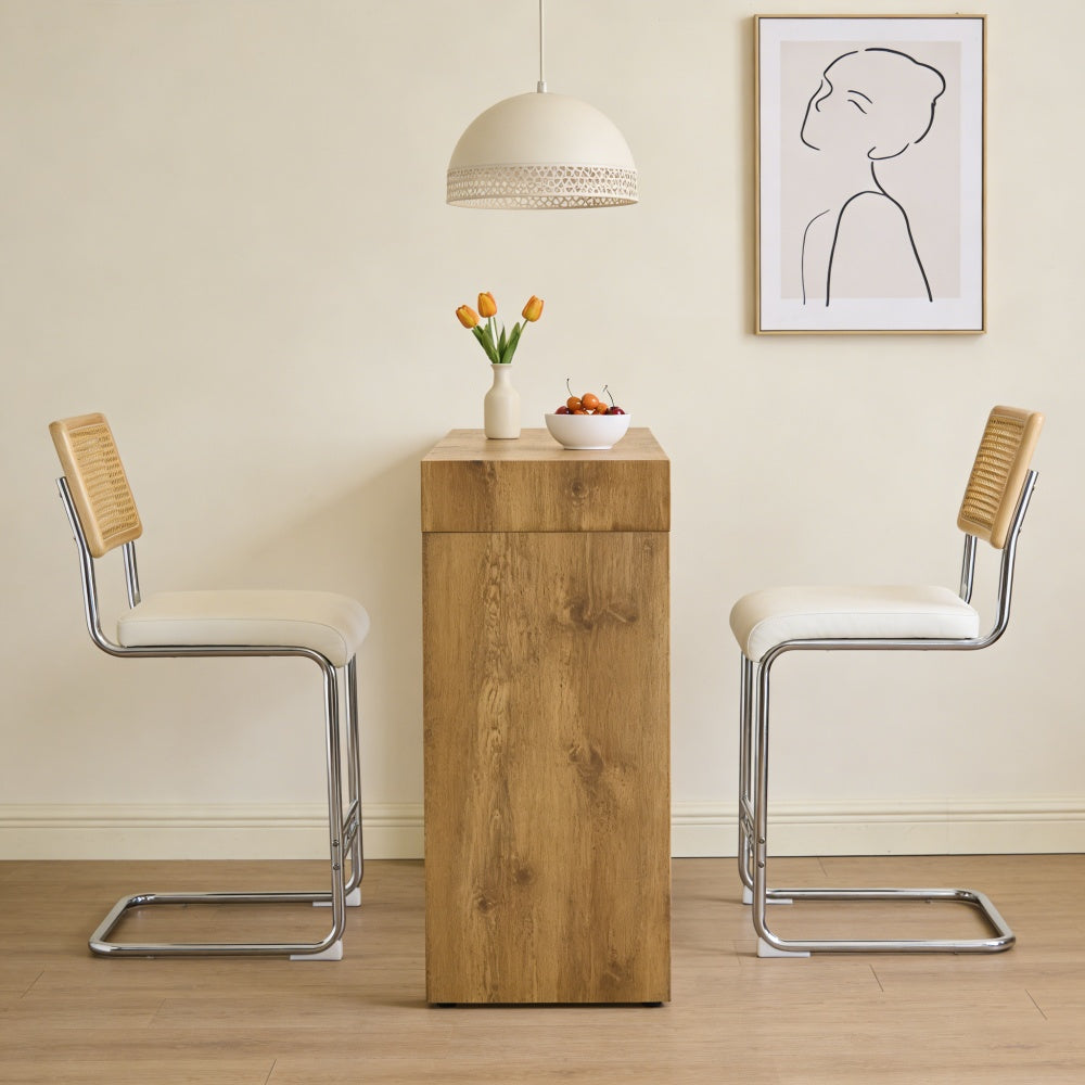 2-Seat White Bar Table with PU Leather Chair & Storage for Dining Room