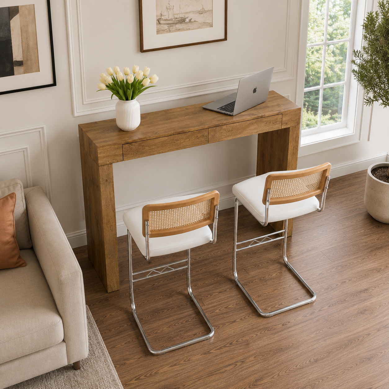 2-Seat White Bar Table with PU Leather Chair & Storage for Dining Room