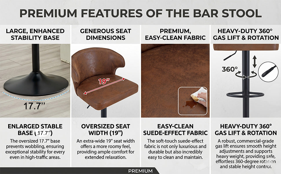 Rotating Adjustable Bar Stools - Suede, Set of 2