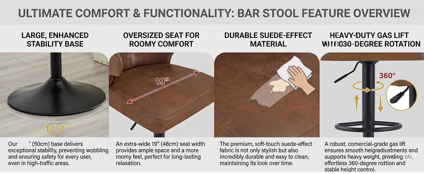 Rotating Adjustable Bar Stools - Suede, Set of 2