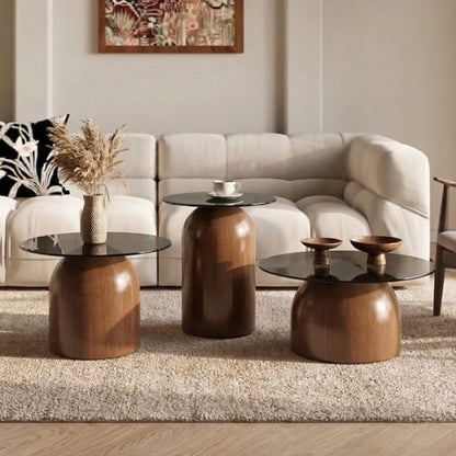 Nesting Coffee Table Set of 3, Glass Desktop for Living Room, Space Saving Circle Center Table for Saving Space, for Living Room, Office(Walnut)