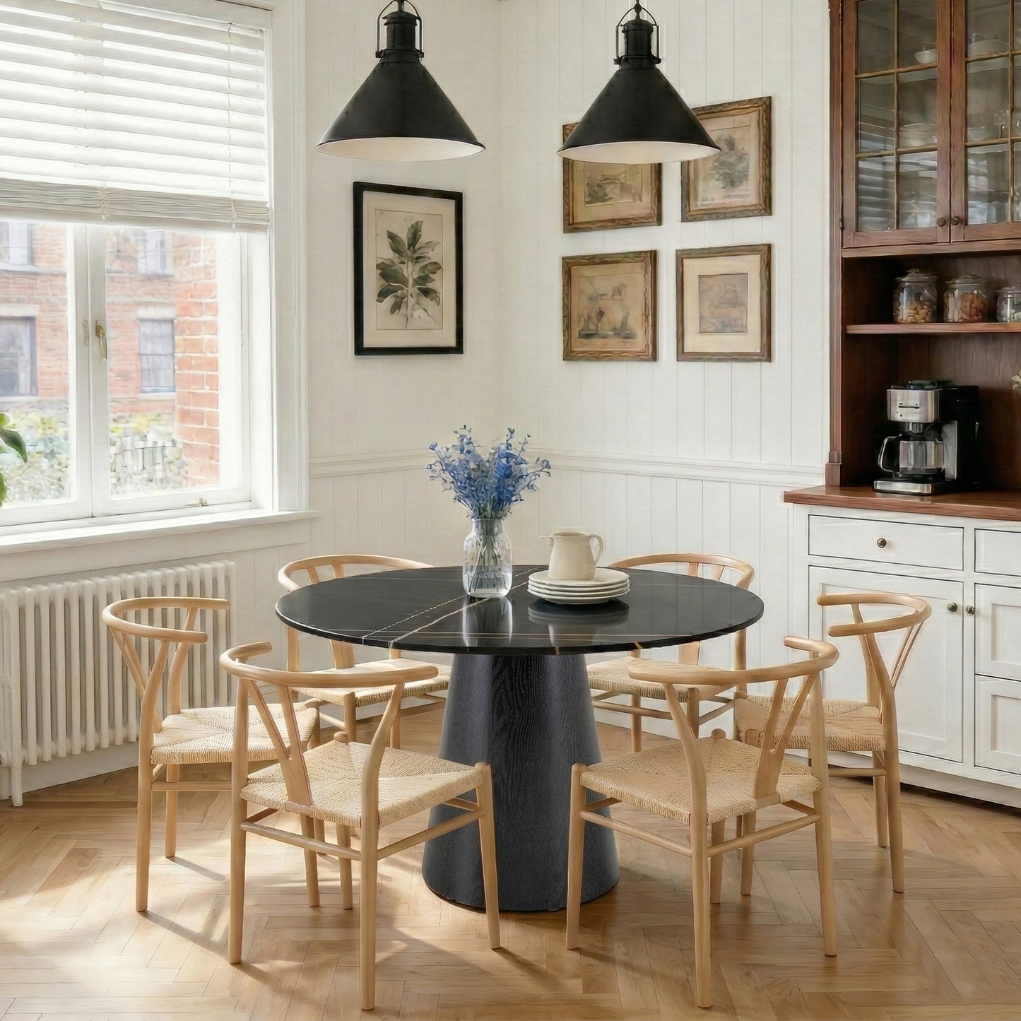 Table and chair set. A 42 inch rock slab round table, paired with six uniquely designed dining chairs with wood coloer metal legs. The table legs are made of black density board material.