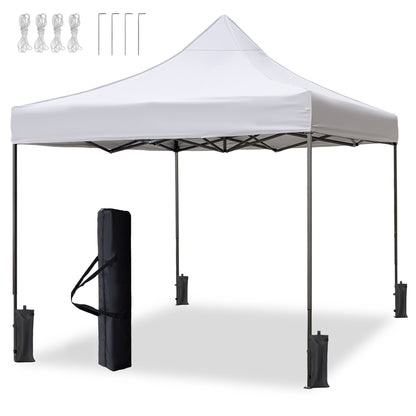 10x10 Pop Up Canopy Tent, Black Speckled Steel Frame, White Silver-Coated Top UPF50+ Water-Resistant, 4 Adjustable Heights (6.7-7.6ft), Includes Sandbags Stakes Ropes Carry Bag for Market CampingBeach