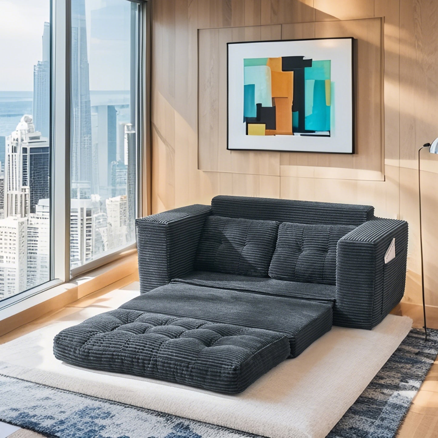 2-Seat Black Fabric Sofa Bed - Convertible Sleeper for Living Room