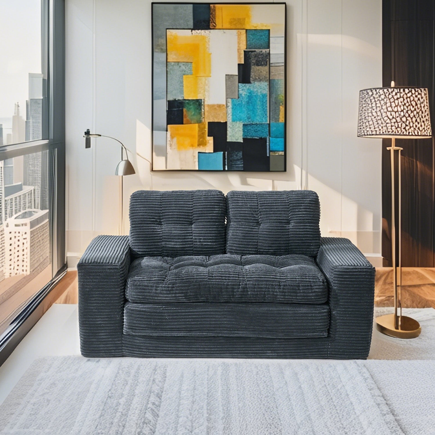 2-Seat Black Fabric Sofa Bed - Convertible Sleeper for Living Room