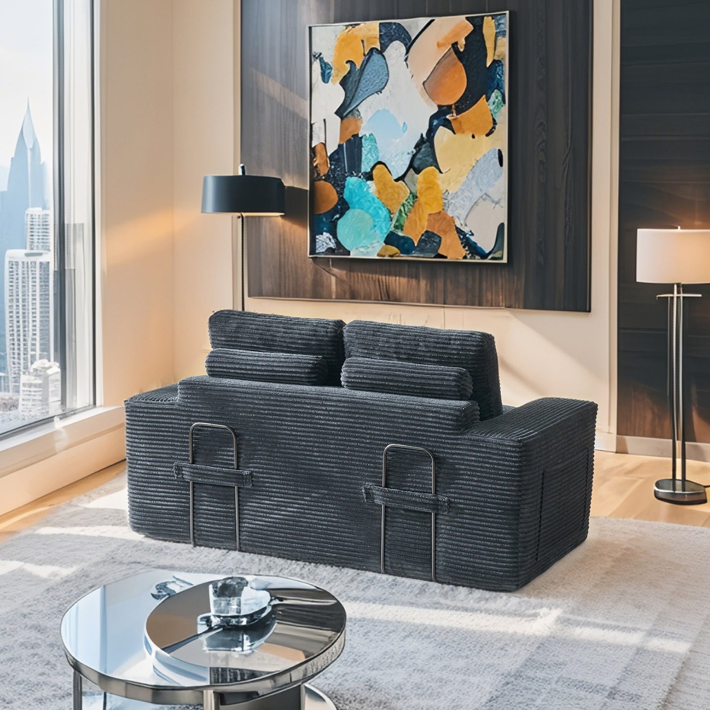 2-Seat Black Fabric Sofa Bed - Convertible Sleeper for Living Room