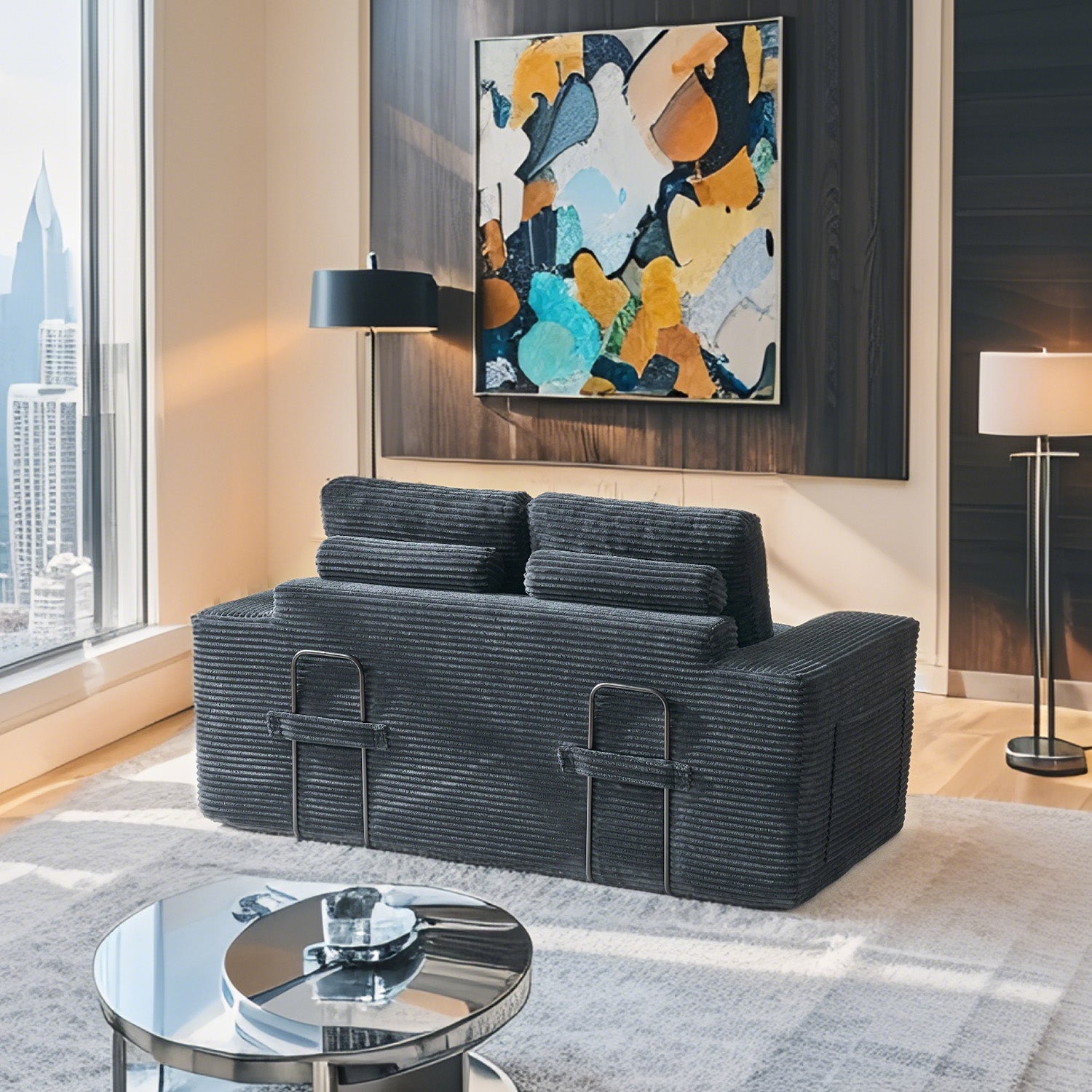 2-Seat Black Fabric Sofa Bed - Convertible Sleeper for Living Room