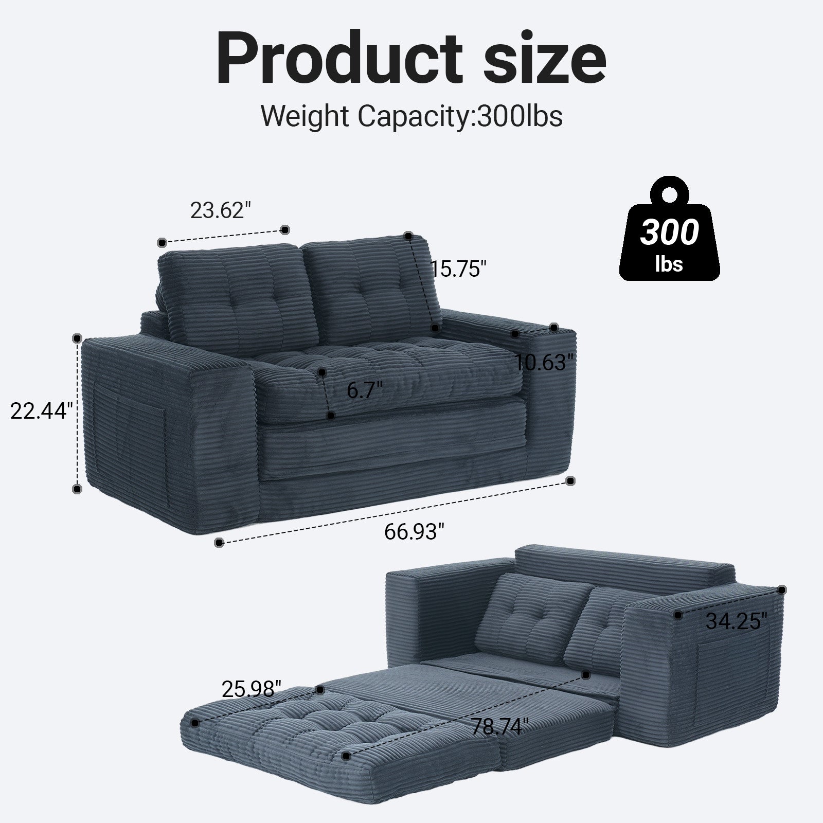 2-Seat Black Fabric Sofa Bed - Convertible Sleeper for Living Room