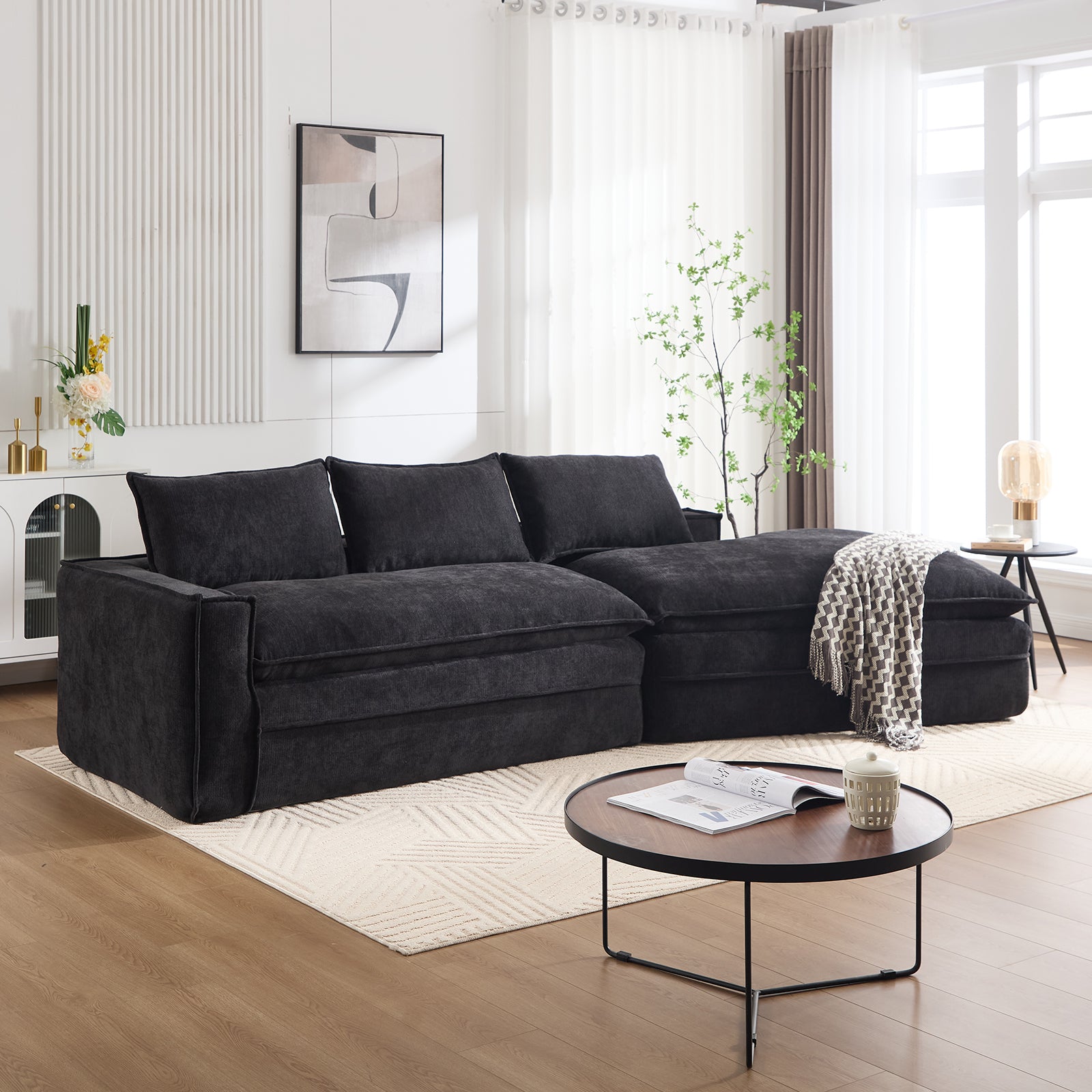 Modern Minimalist Modular Sectional Sofa,   Upholstered Cloud Couch with Deep Seats, Right Facing Chaise for Living Room-Black