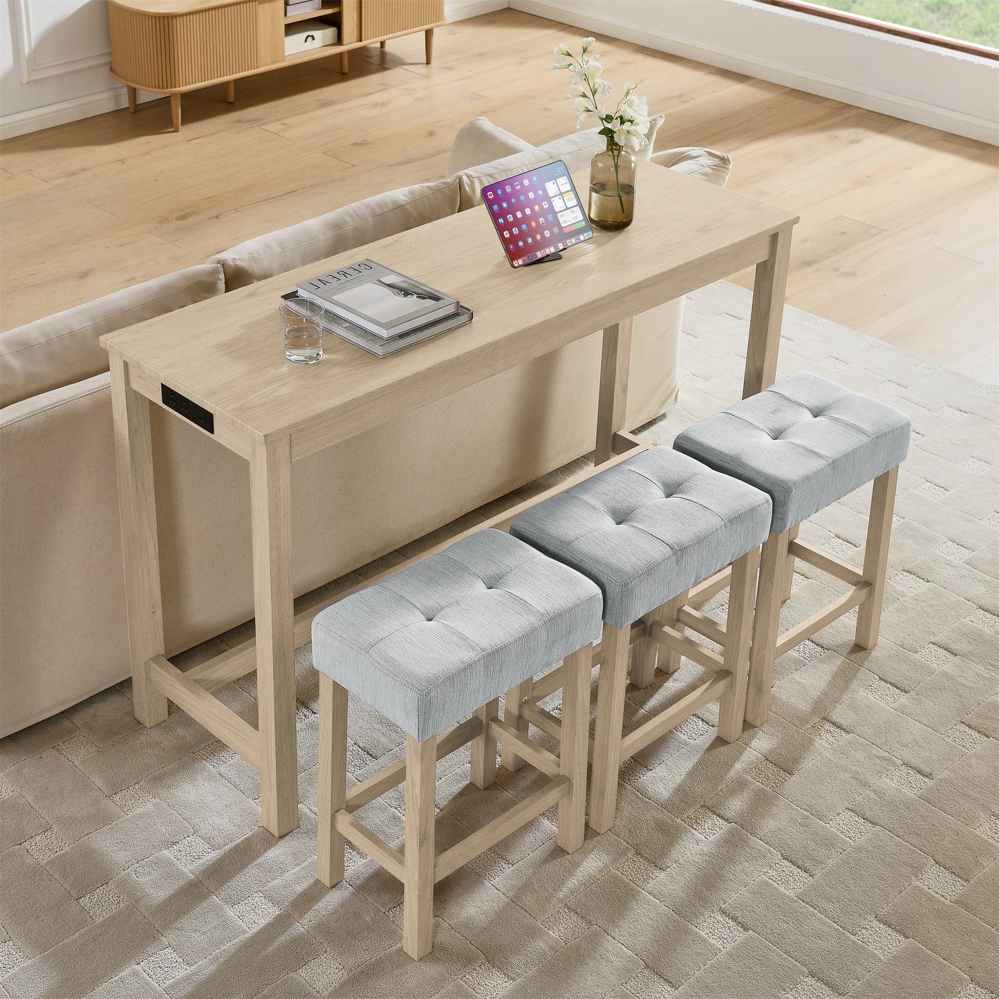 Light Oak Bar Table Set - 59 Inch Dining Table with 3 Stools